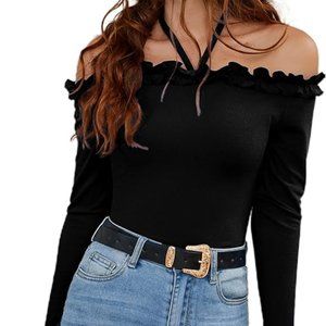 Off-Shoulder Slim Fitted Ribbed Long Sleeve Shirt